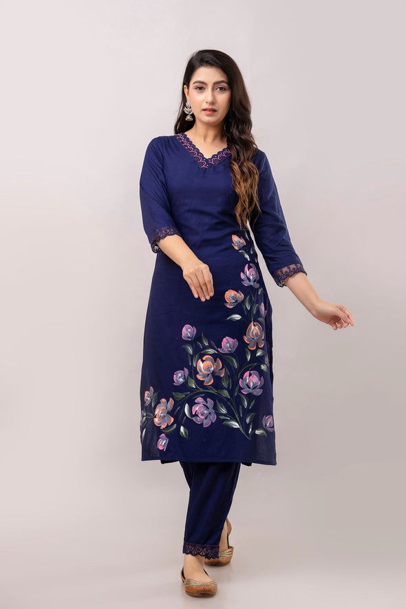 Women Navy Blue Floral Brush Painted Kurta with Trousers & Dupatta