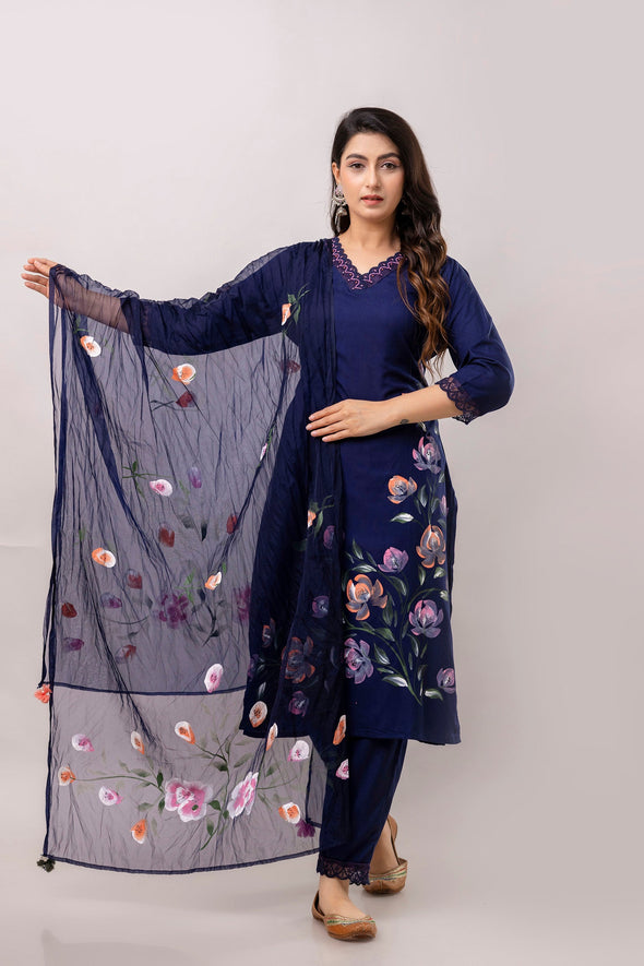 Women Navy Blue Floral Brush Painted Kurta with Trousers & Dupatta