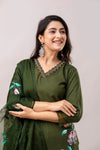 Women Green Floral Brush Painted Kurta with Trousers & Dupatta