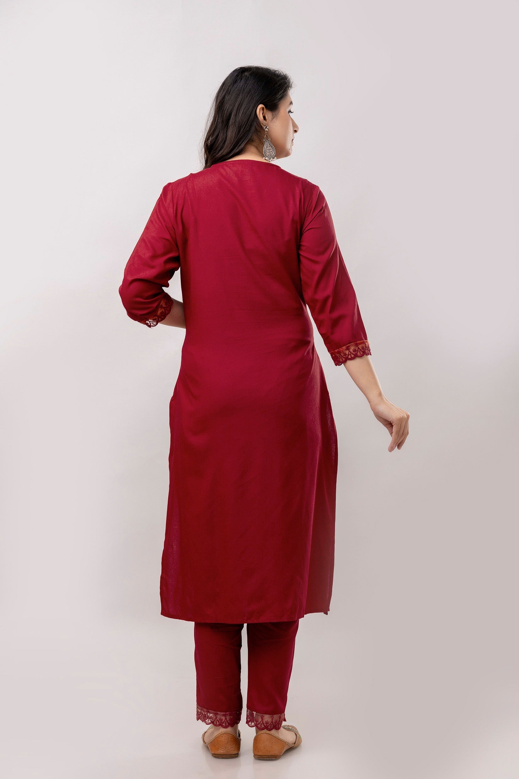 Women Maroon Floral Brush Painted Kurta with Trousers & Dupatta