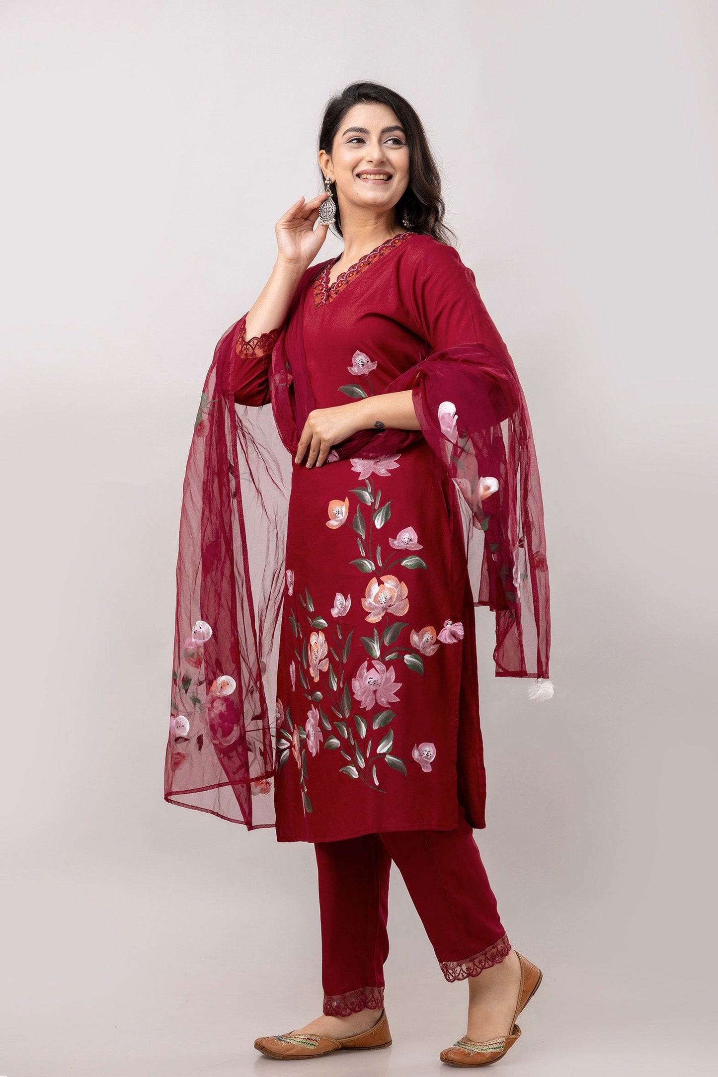 Women Maroon Floral Brush Painted Kurta with Trousers & Dupatta