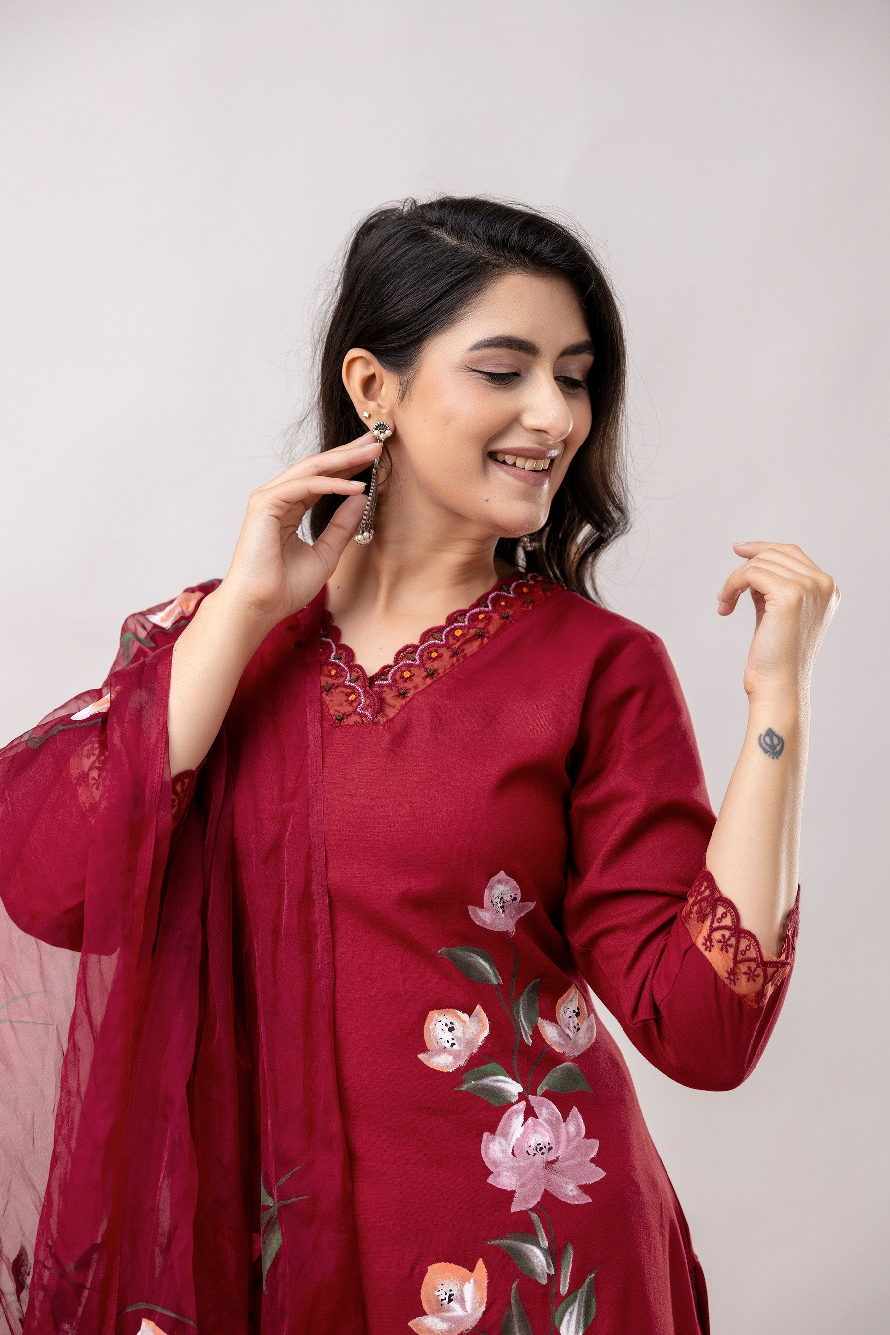 Women Maroon Floral Brush Painted Kurta with Trousers & Dupatta