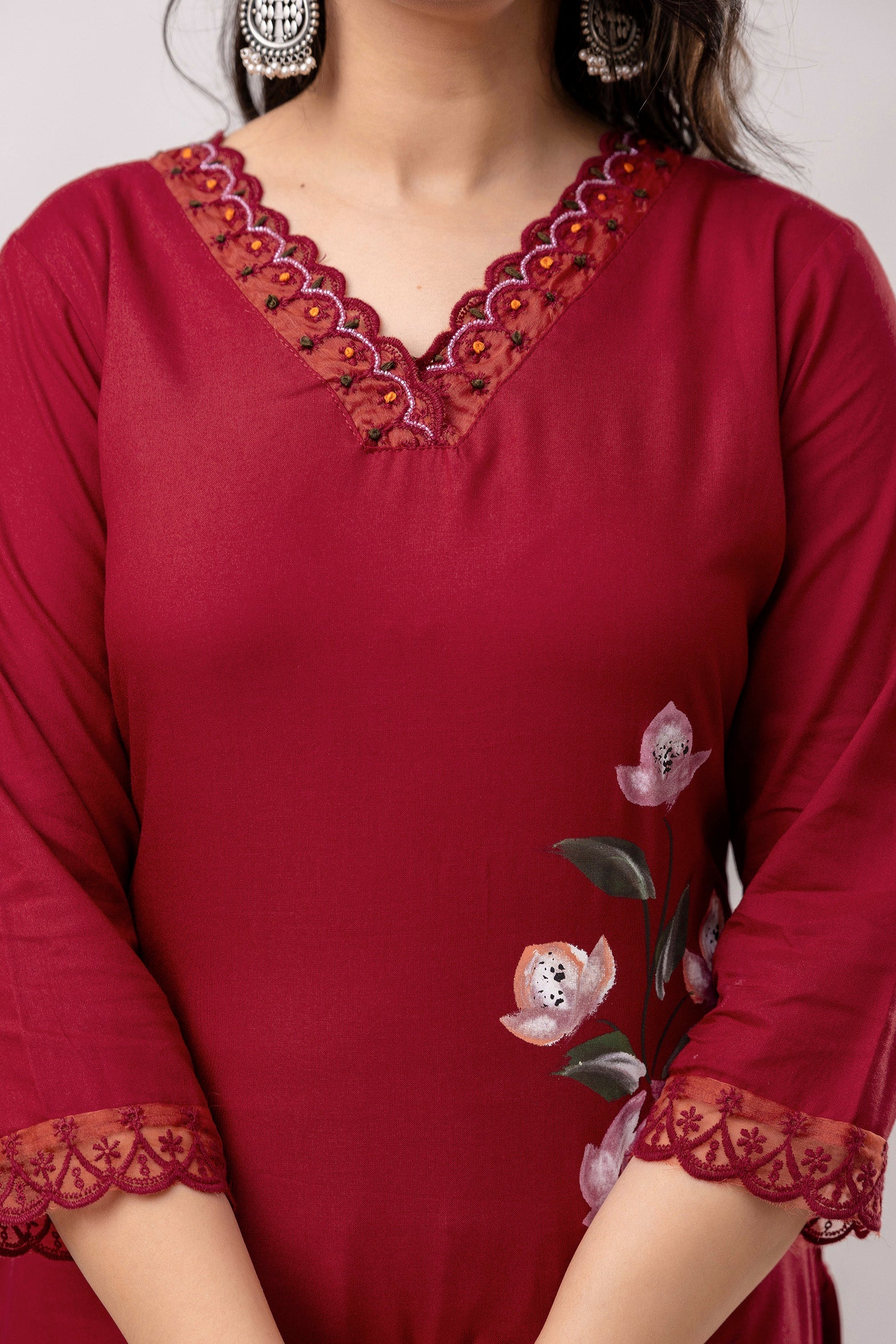 Women Maroon Floral Brush Painted Kurta with Trousers & Dupatta