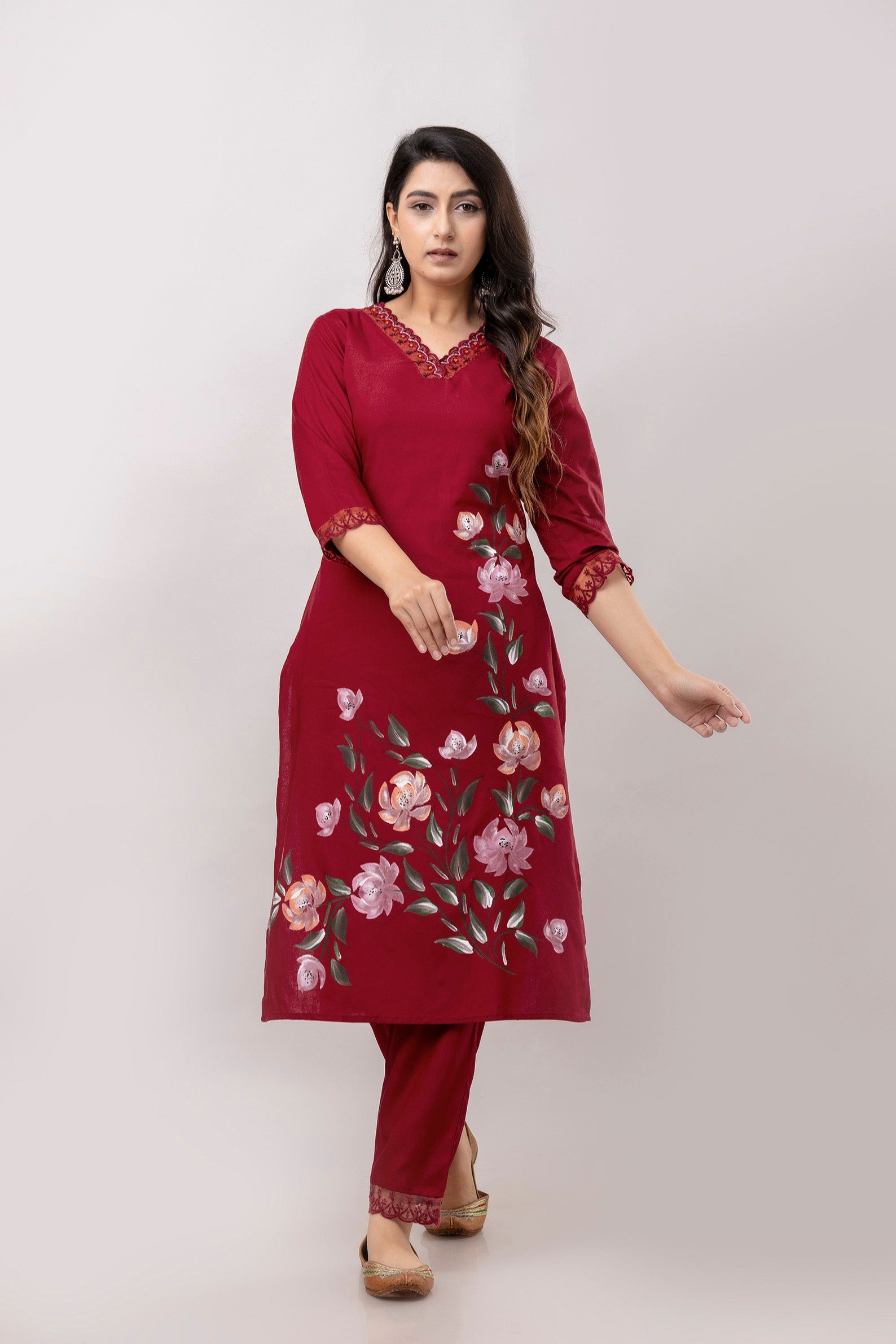 Women Maroon Floral Brush Painted Kurta with Trousers & Dupatta