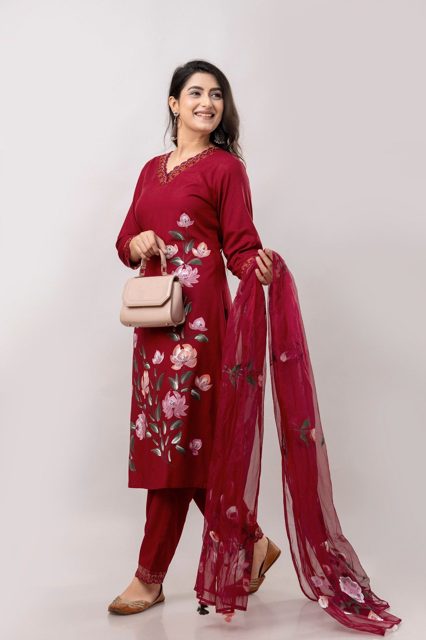 Women Maroon Floral Brush Painted Kurta with Trousers & Dupatta