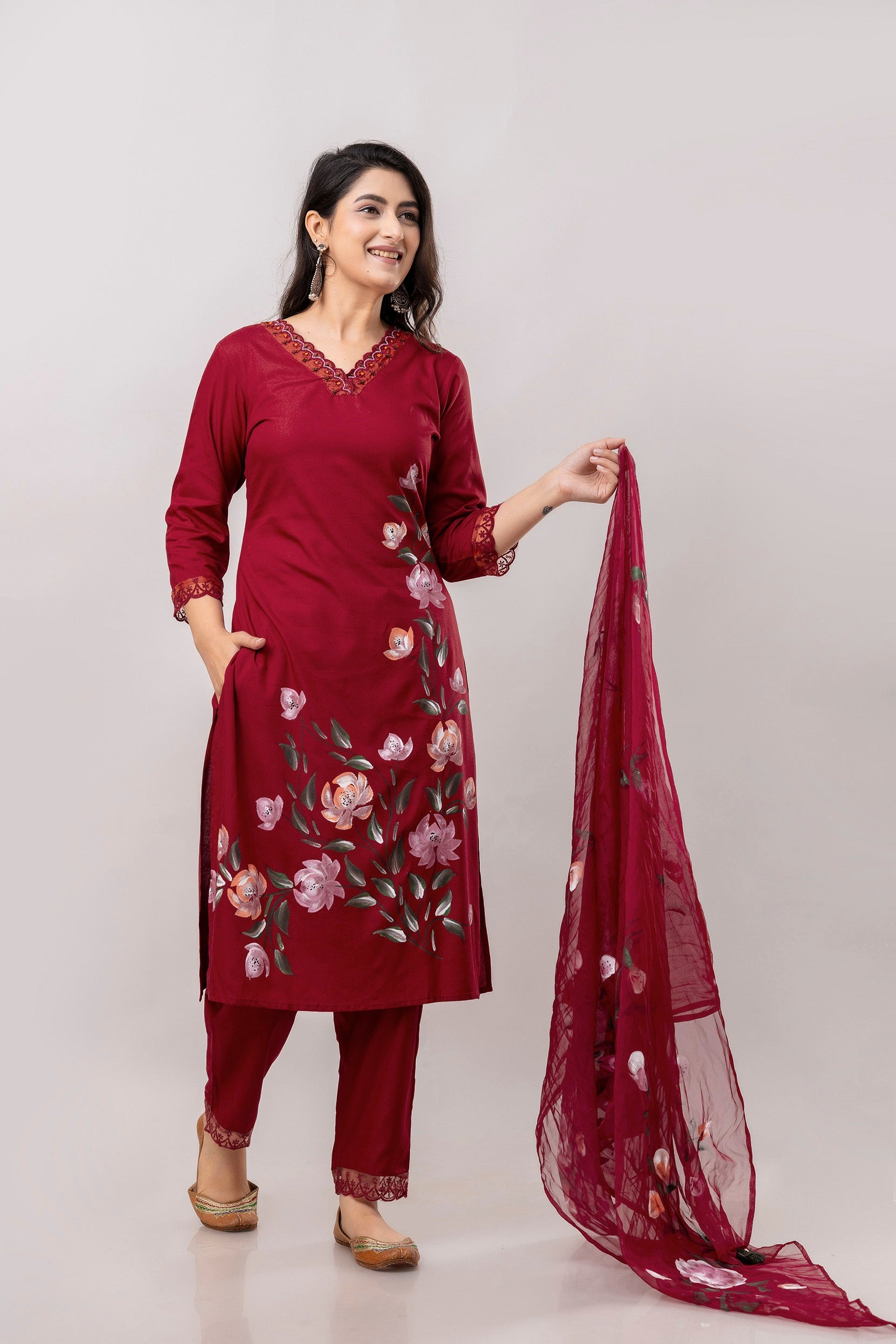 Women Maroon Floral Brush Painted Kurta with Trousers & Dupatta