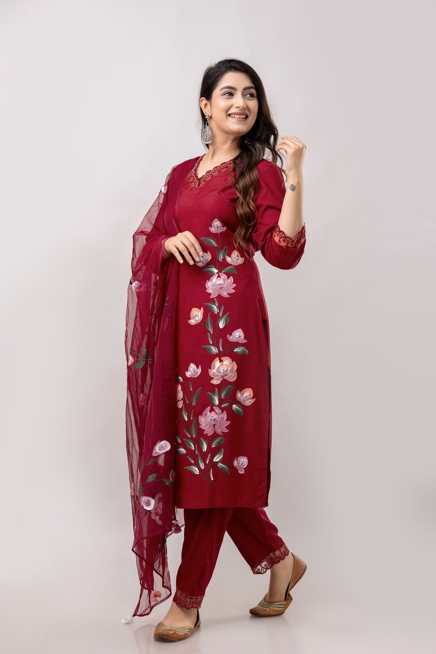 Women Maroon Floral Brush Painted Kurta with Trousers & Dupatta