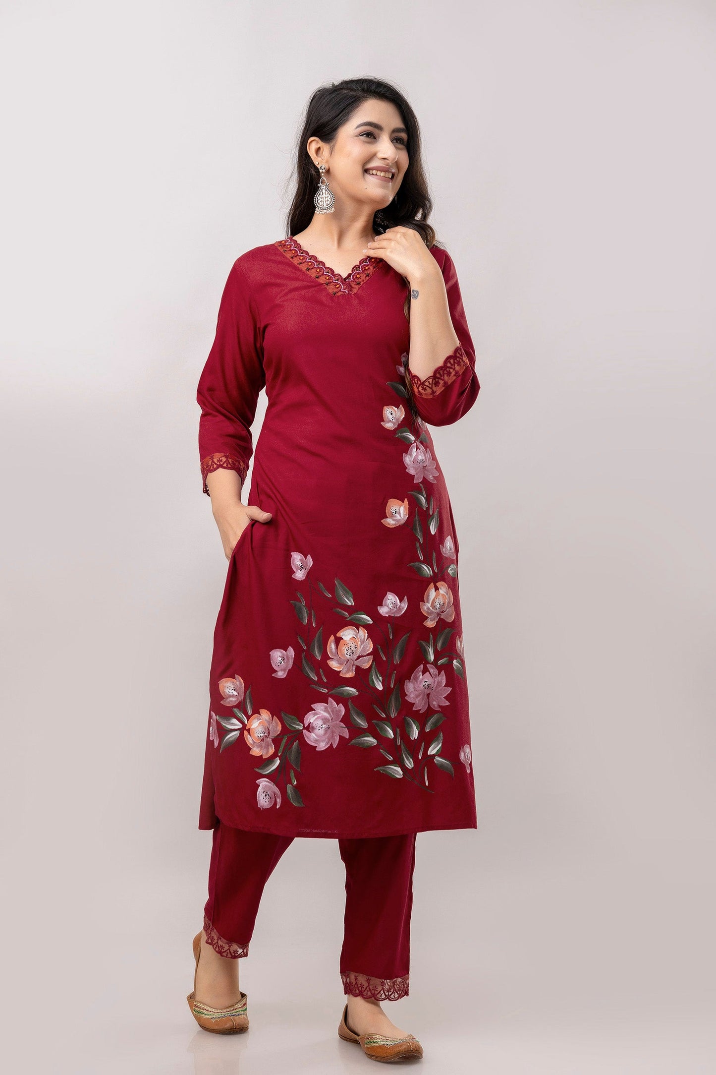 Women Maroon Floral Brush Painted Kurta with Trousers & Dupatta