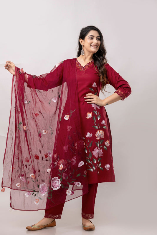 Women Maroon Floral Brush Painted Kurta with Trousers & Dupatta