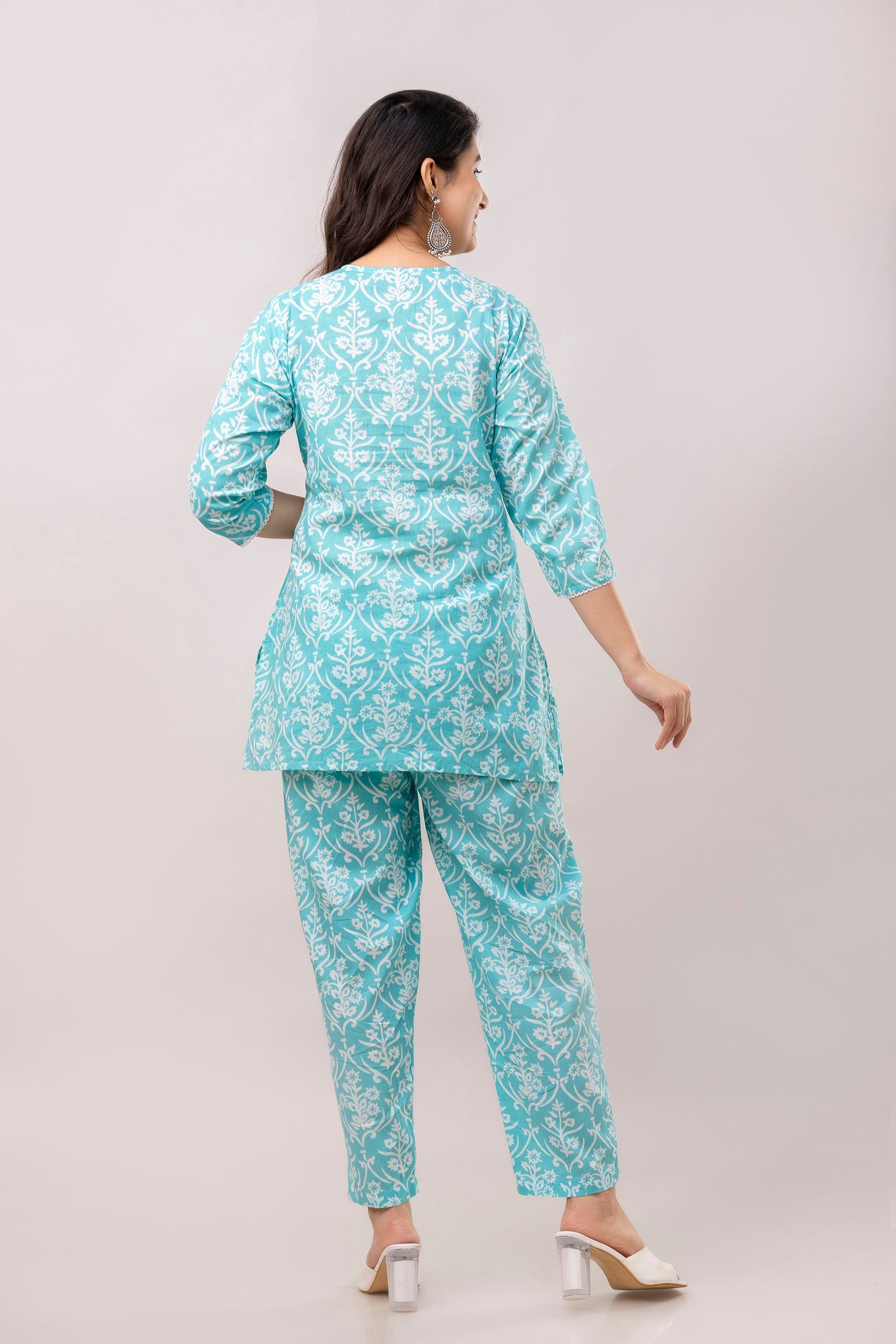 Turquoise Blue Floral Printed Mirror Work Pure Cotton V Neck Top With Trouser