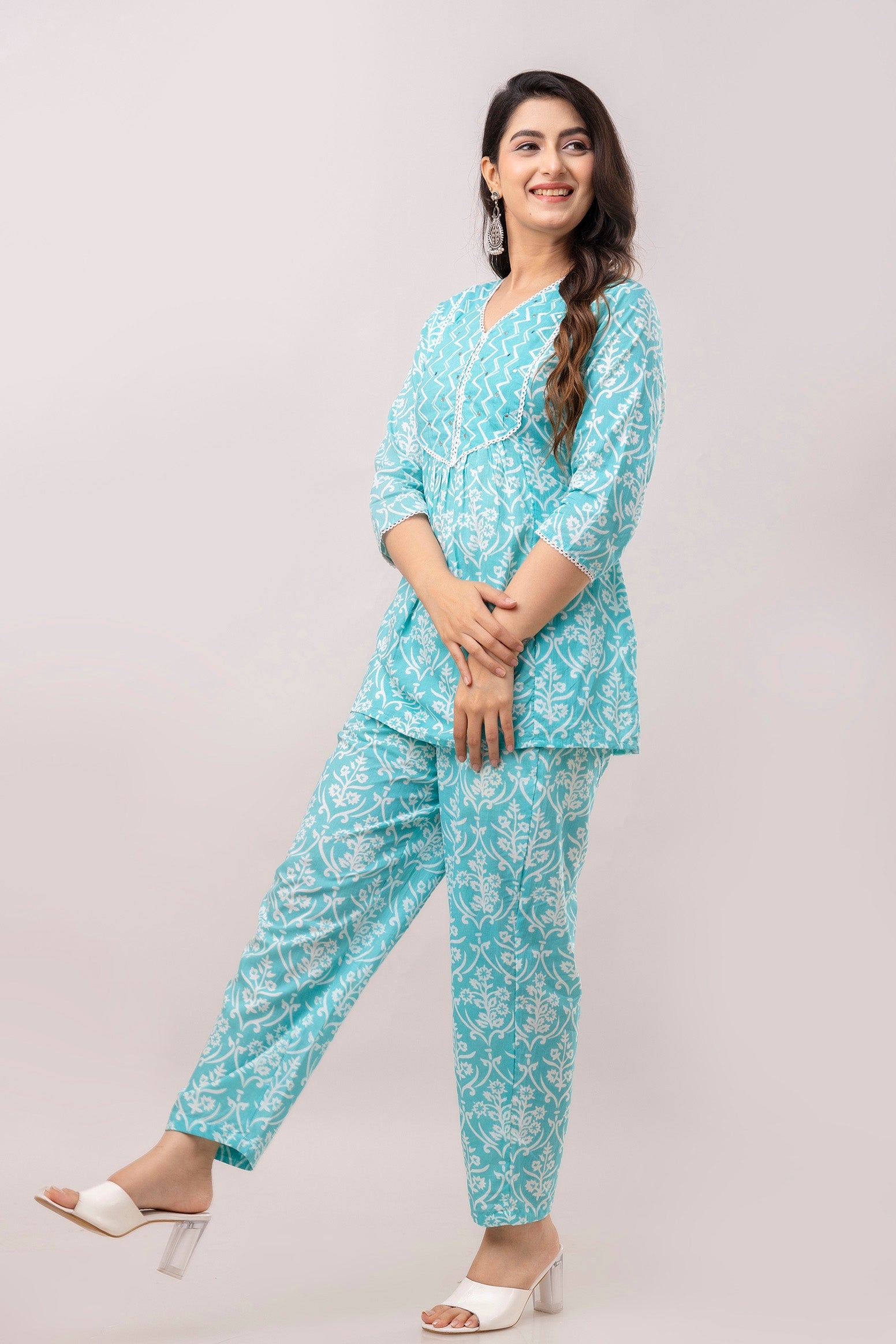 Turquoise Blue Floral Printed Mirror Work Pure Cotton V Neck Top With Trouser