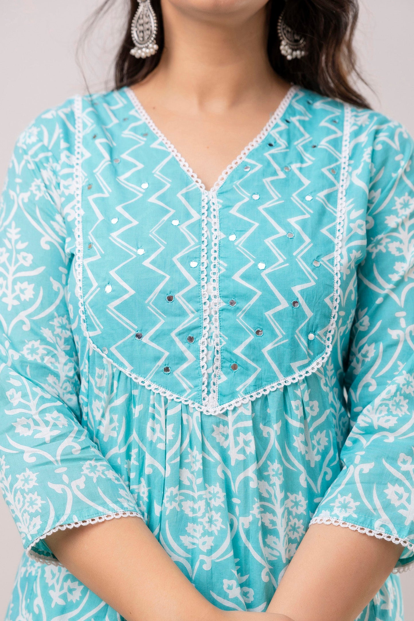 Turquoise Blue Floral Printed Mirror Work Pure Cotton V Neck Top With Trouser