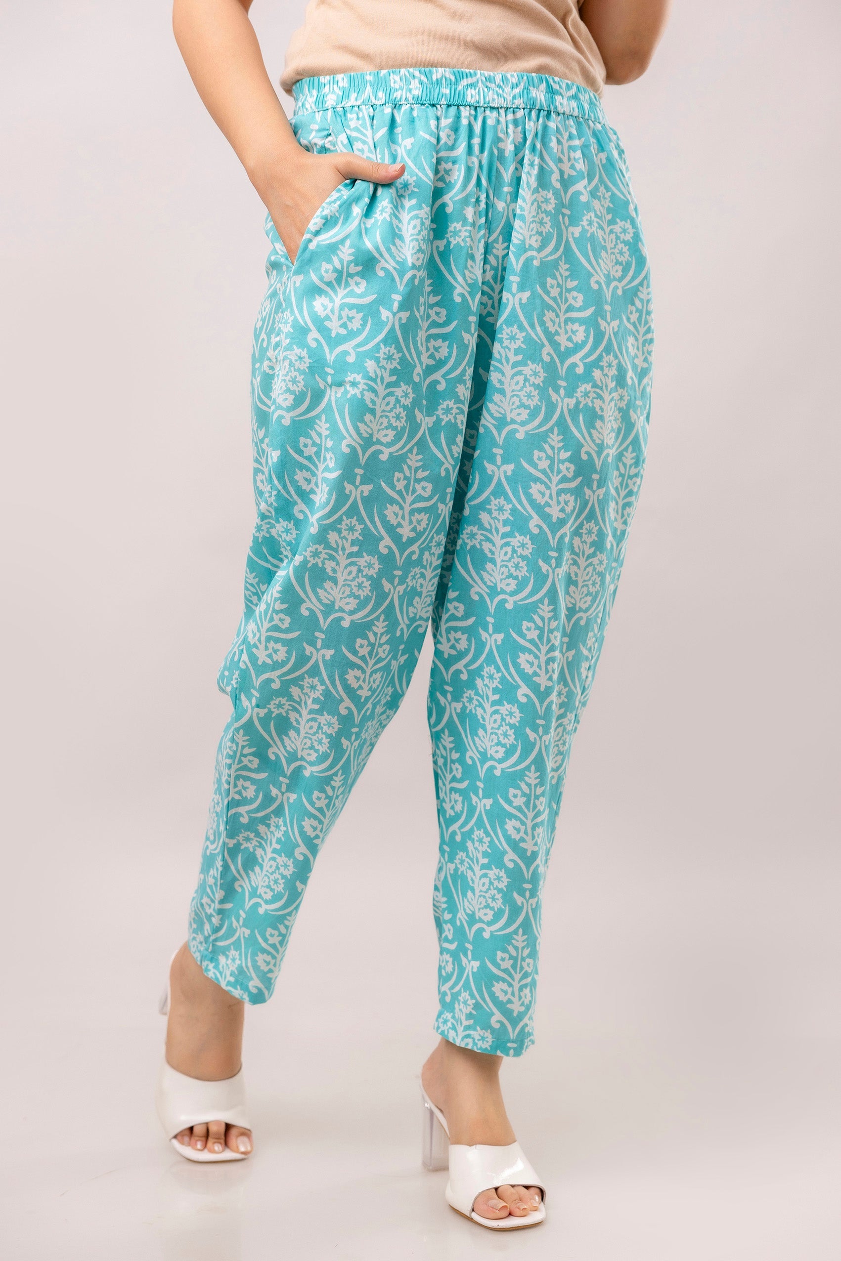 Turquoise Blue Floral Printed Mirror Work Pure Cotton V Neck Top With Trouser