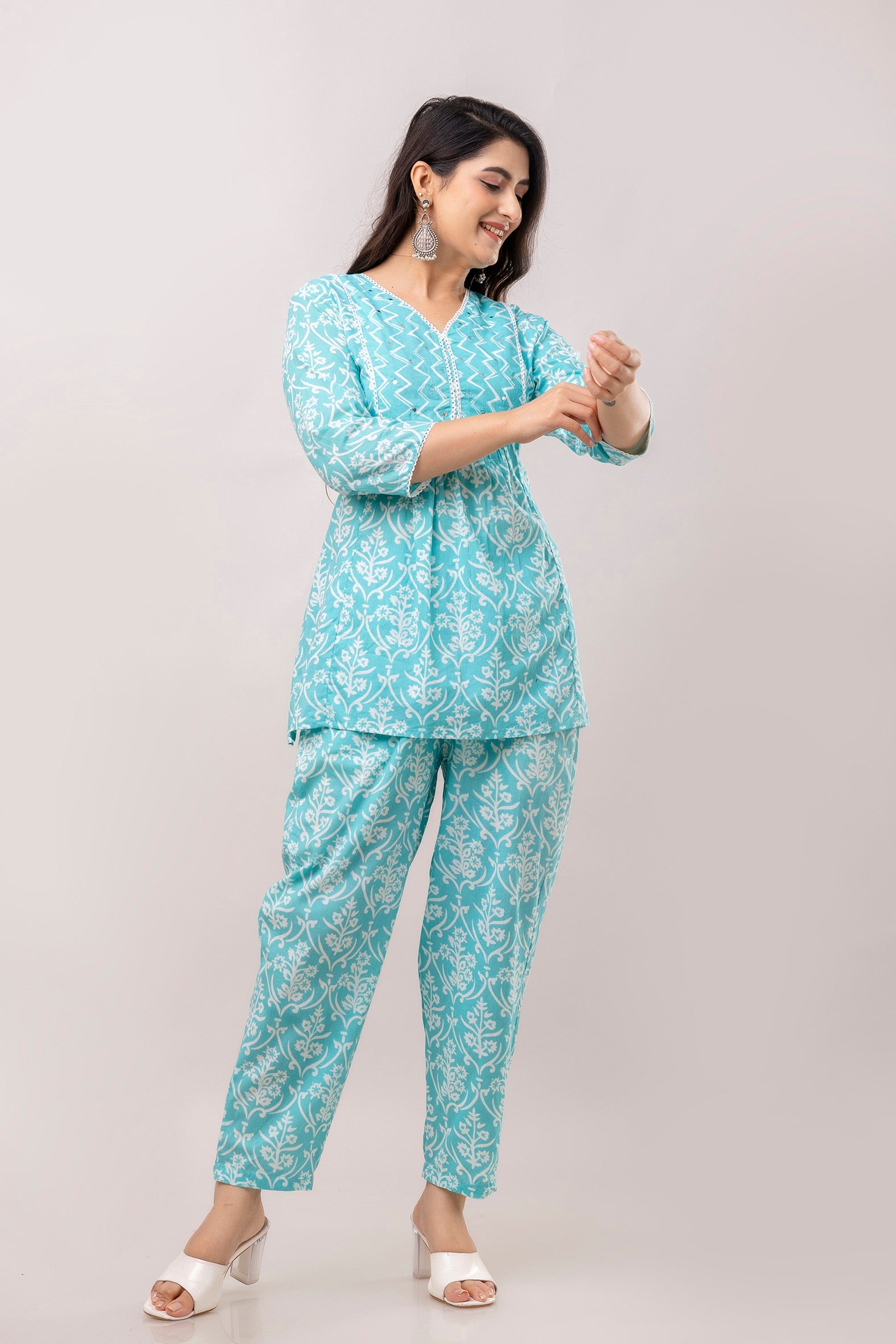 Turquoise Blue Floral Printed Mirror Work Pure Cotton V Neck Top With Trouser