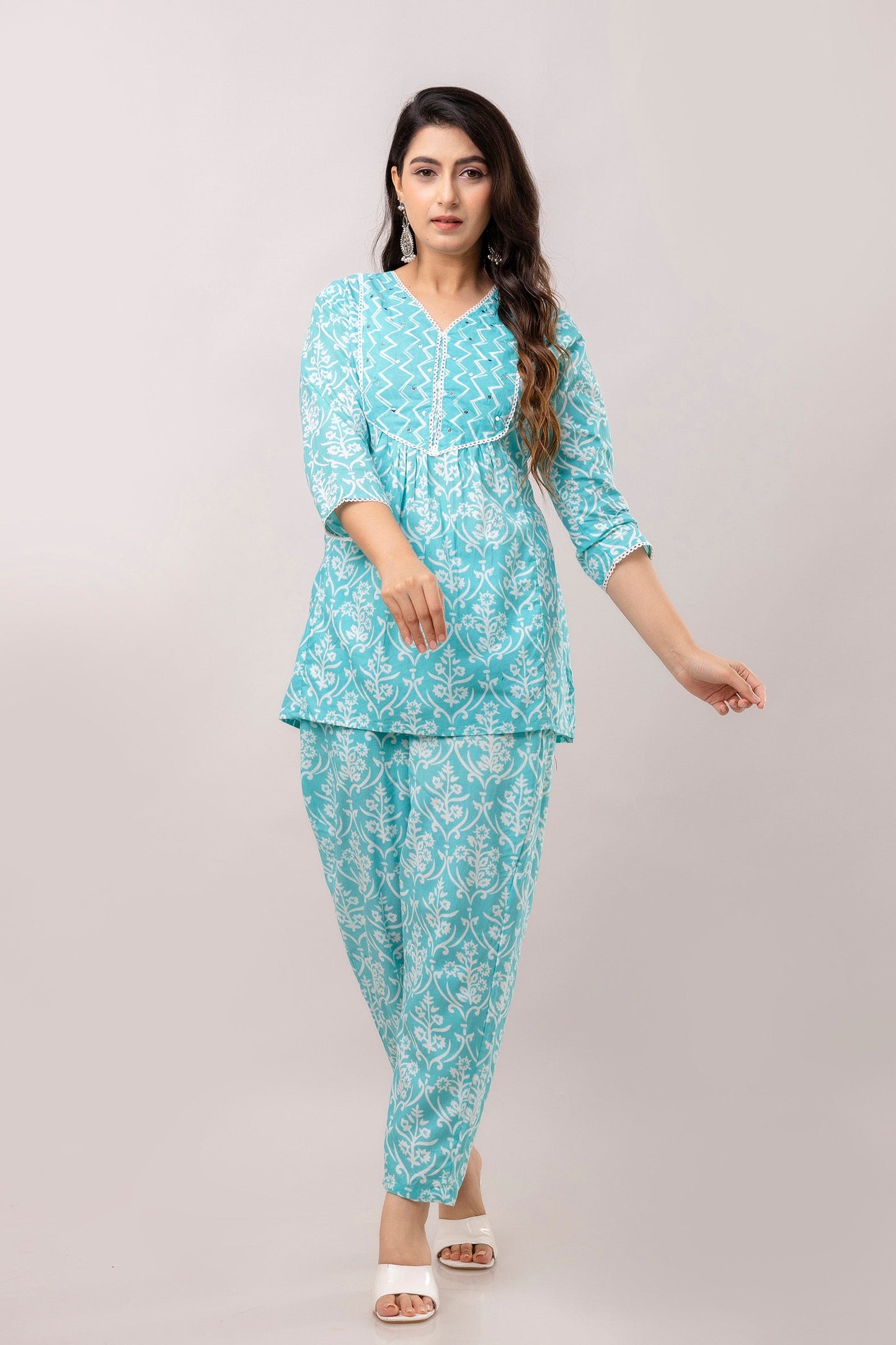 Turquoise Blue Floral Printed Mirror Work Pure Cotton V Neck Top With Trouser