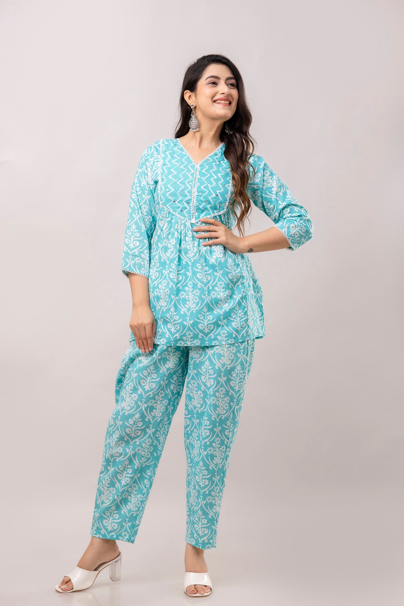 Turquoise Blue Floral Printed Mirror Work Pure Cotton V Neck Top With Trouser