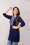 Women Navy Blue & White Chawal Taka Embroidered Viscose Rayon Straight Kurti