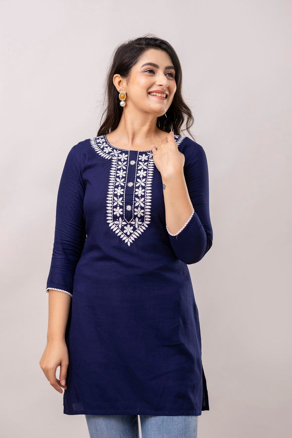 Women Navy Blue & White Chawal Taka Embroidered Viscose Rayon Straight Kurti