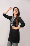 Women Black & White Chawal Taka Embroidered Viscose Rayon Straight Kurti