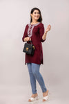 Women Maroon & White Chawal Taka Embroidered Viscose Rayon Straight Kurti