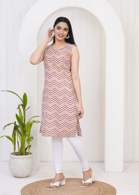 Women Multicolor Chevron/Zig Zag Pure Cotton Straight Kurti