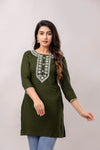 Women Dark Green & White Chawal Taka Embroidered Viscose Rayon Straight Kurti