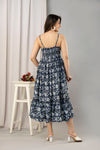 Navy Blue Floral Printed Sleeveless Fit and Flare Maxi Dress - SHKUP1442