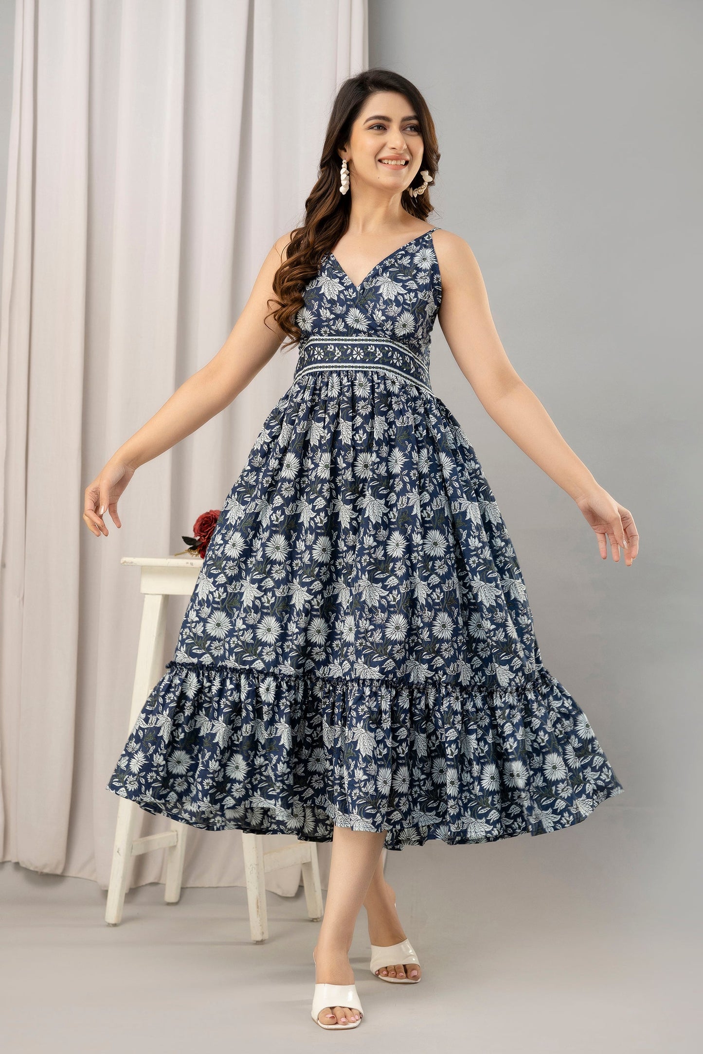 Navy Blue Floral Printed Sleeveless Fit and Flare Maxi Dress - SHKUP1442