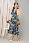 Navy Blue Floral Printed Sleeveless Fit and Flare Maxi Dress - SHKUP1442