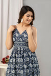 Navy Blue Floral Printed Sleeveless Fit and Flare Maxi Dress - SHKUP1442