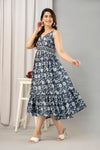 Navy Blue Floral Printed Sleeveless Fit and Flare Maxi Dress - SHKUP1442