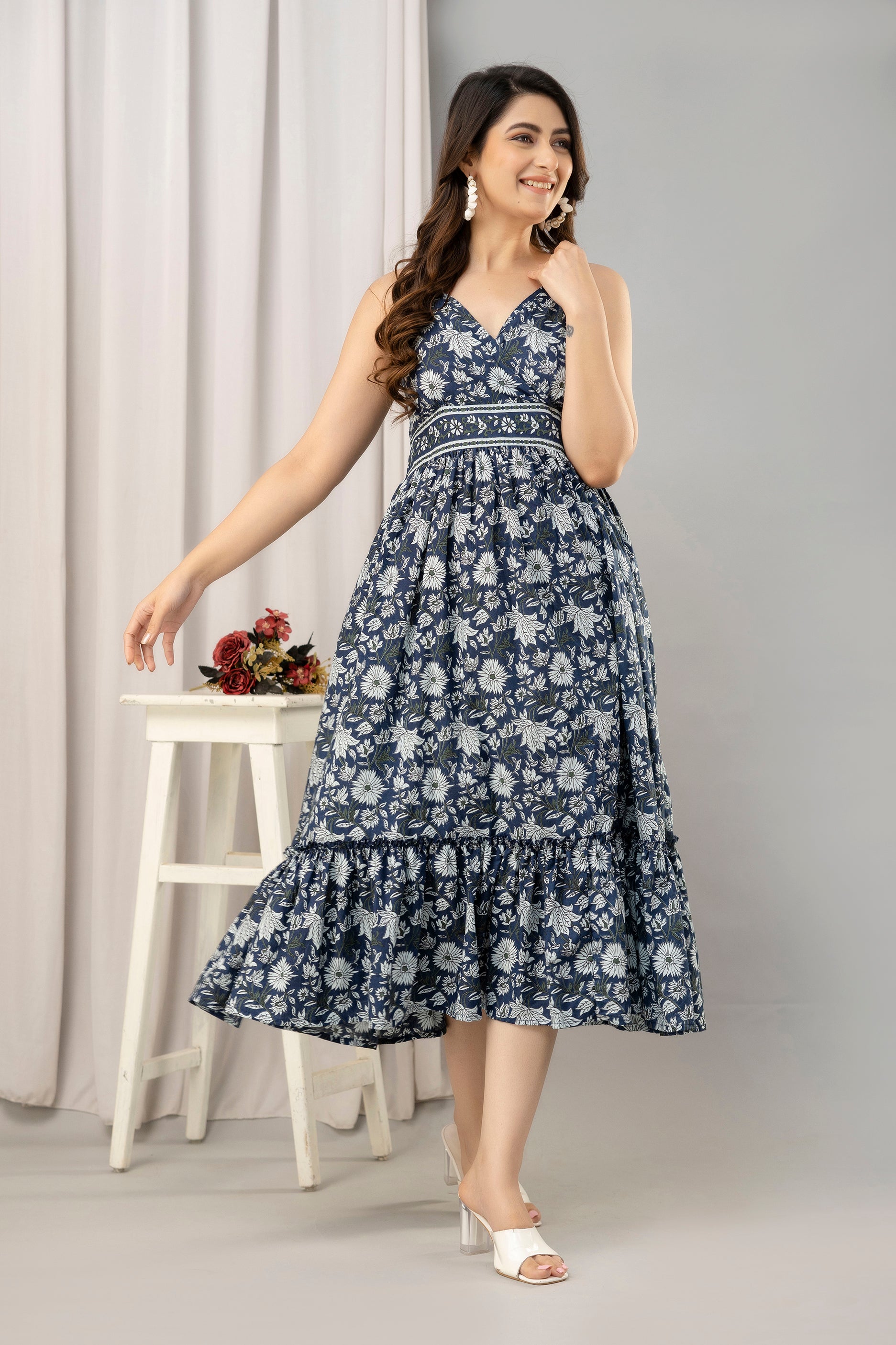 Navy Blue Floral Printed Sleeveless Fit and Flare Maxi Dress - SHKUP1442