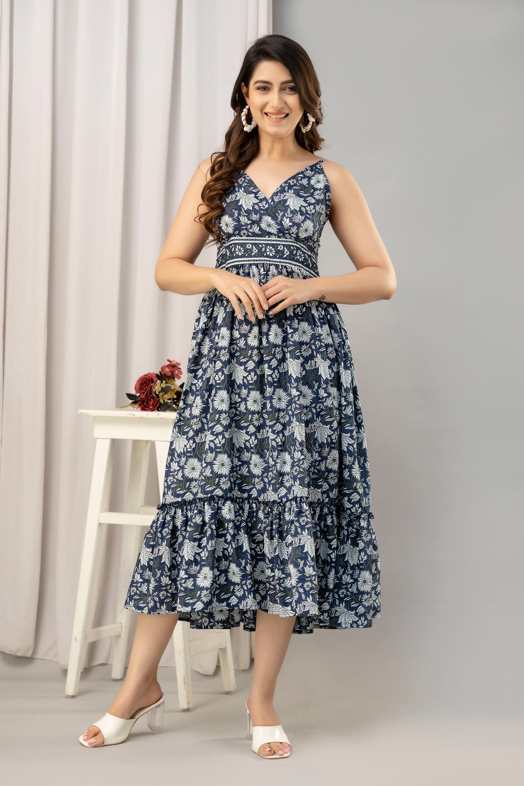 Navy Blue Floral Printed Sleeveless Fit and Flare Maxi Dress - SHKUP1442