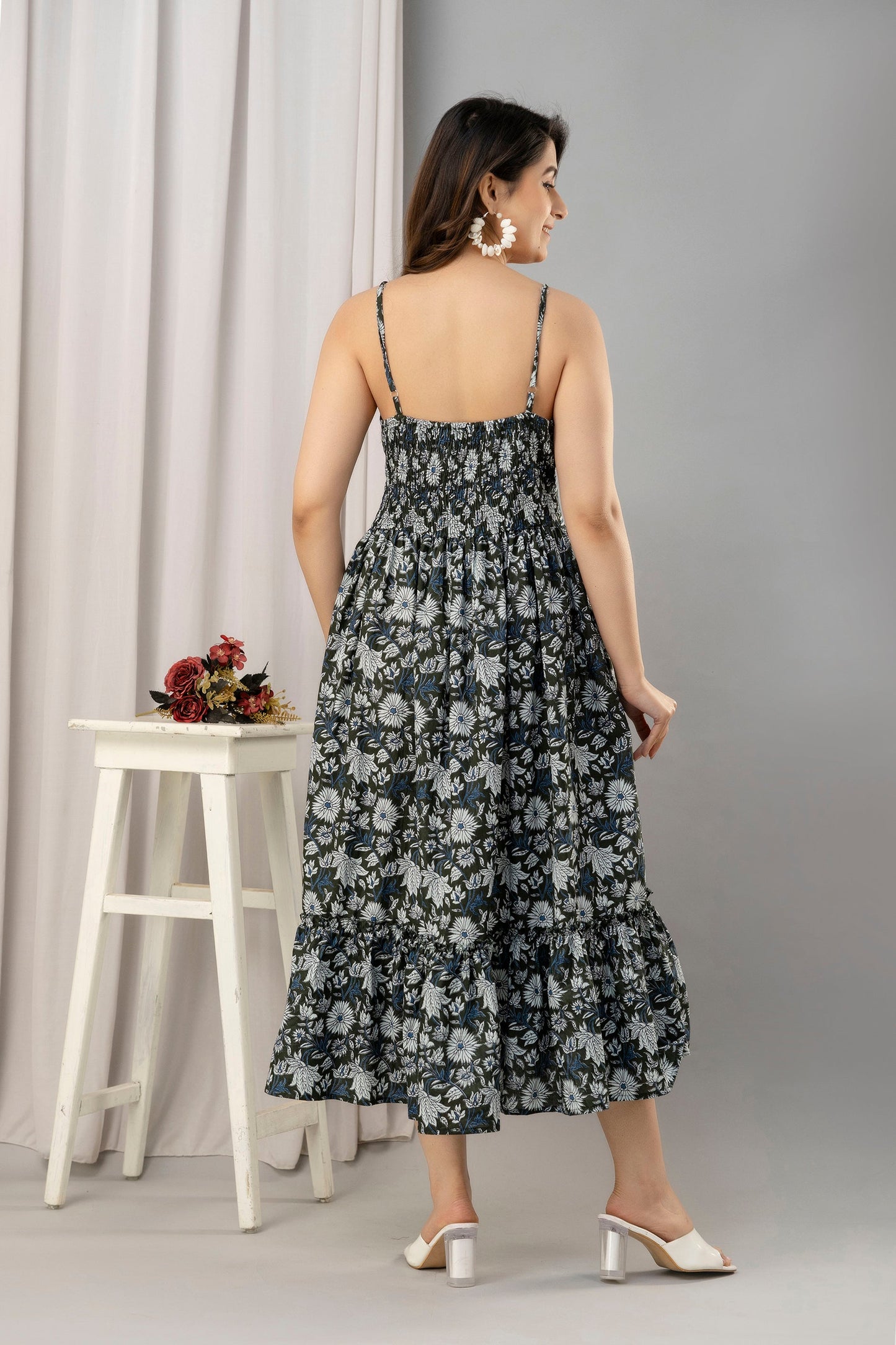 Dark Green Floral Printed Sleeveless Fit and Flare Maxi Dress - SHKUP1443