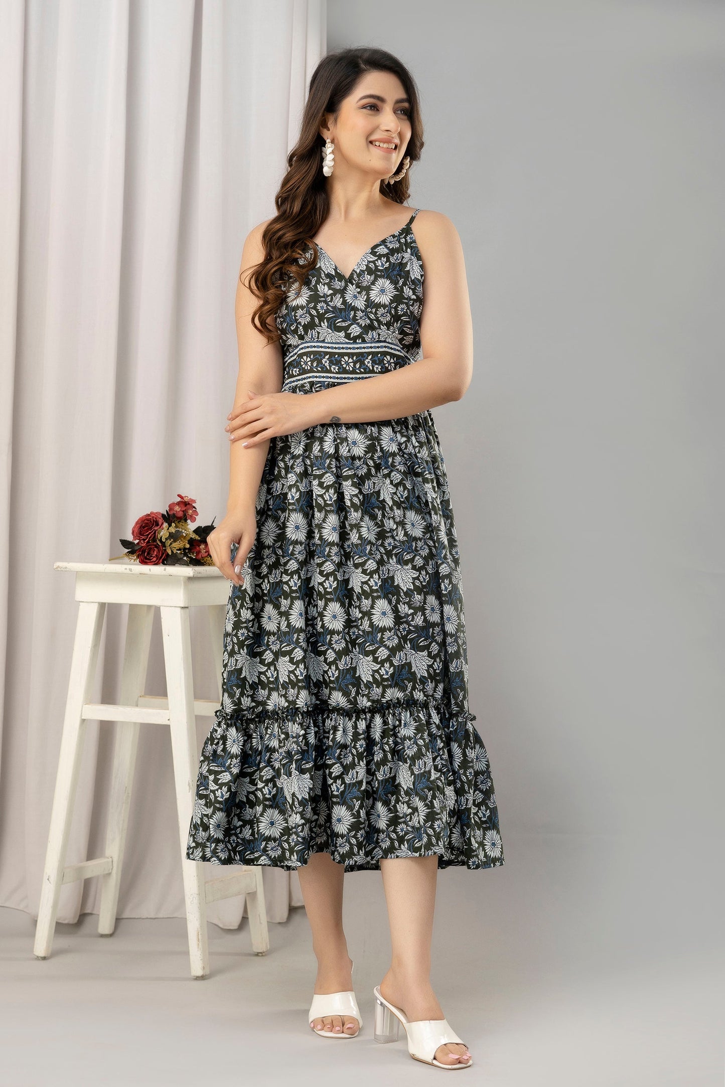 Dark Green Floral Printed Sleeveless Fit and Flare Maxi Dress - SHKUP1443