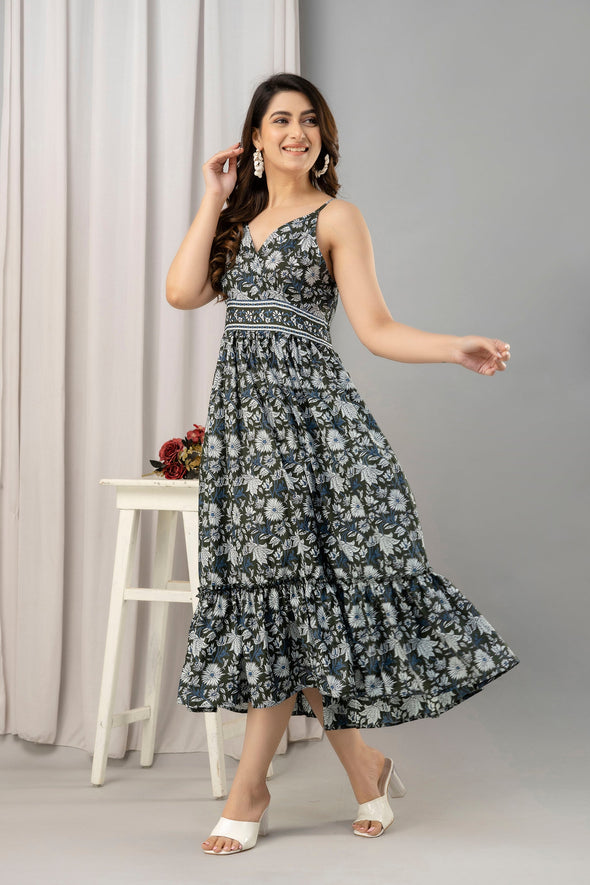 Dark Green Floral Printed Sleeveless Fit and Flare Maxi Dress - SHKUP1443