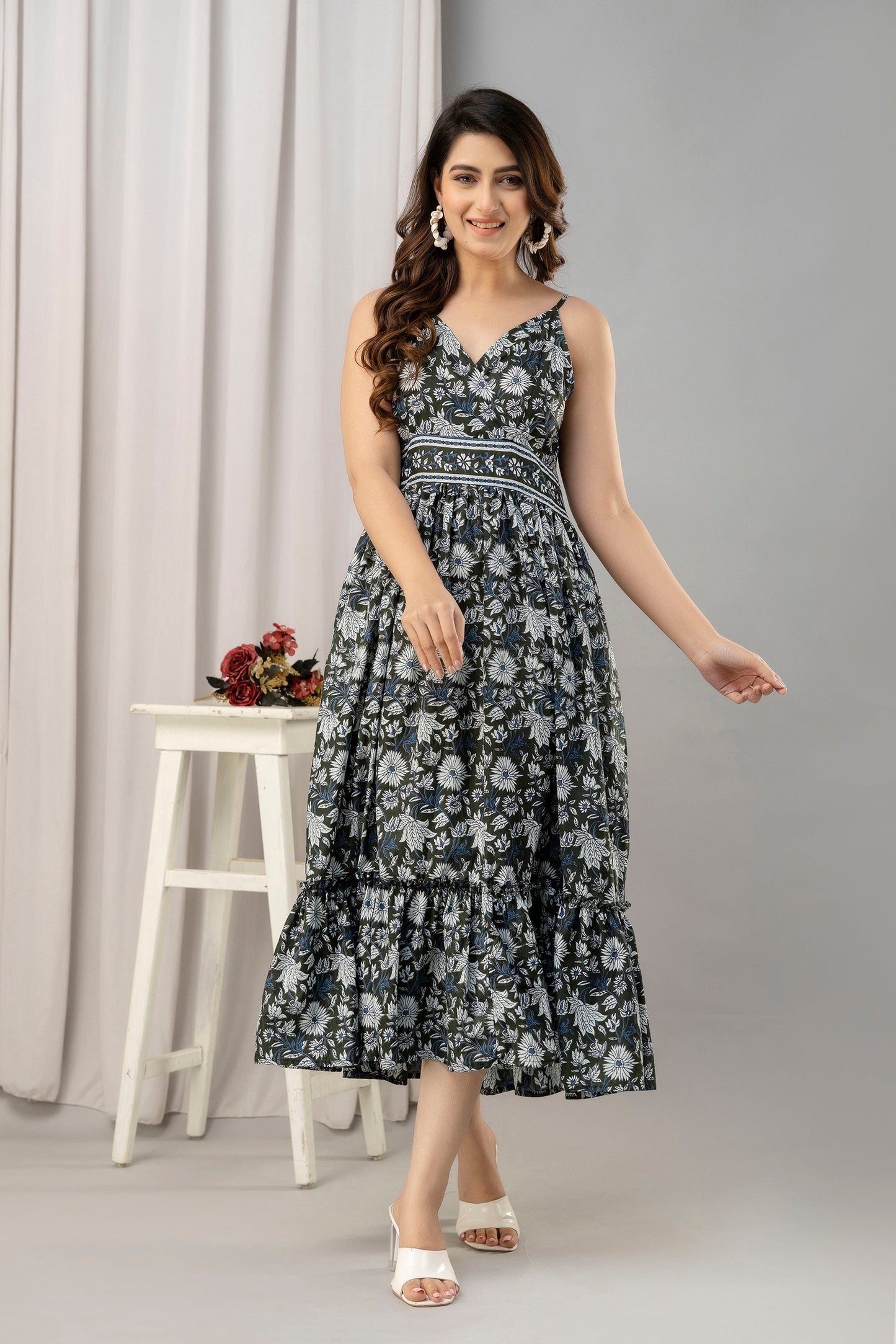 Dark Green Floral Printed Sleeveless Fit and Flare Maxi Dress - SHKUP1443