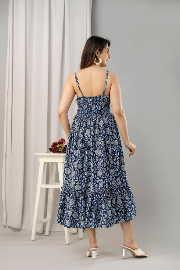 Blue Floral Printed Sleeveless Fit and Flare Maxi Dress - SHKUP1444