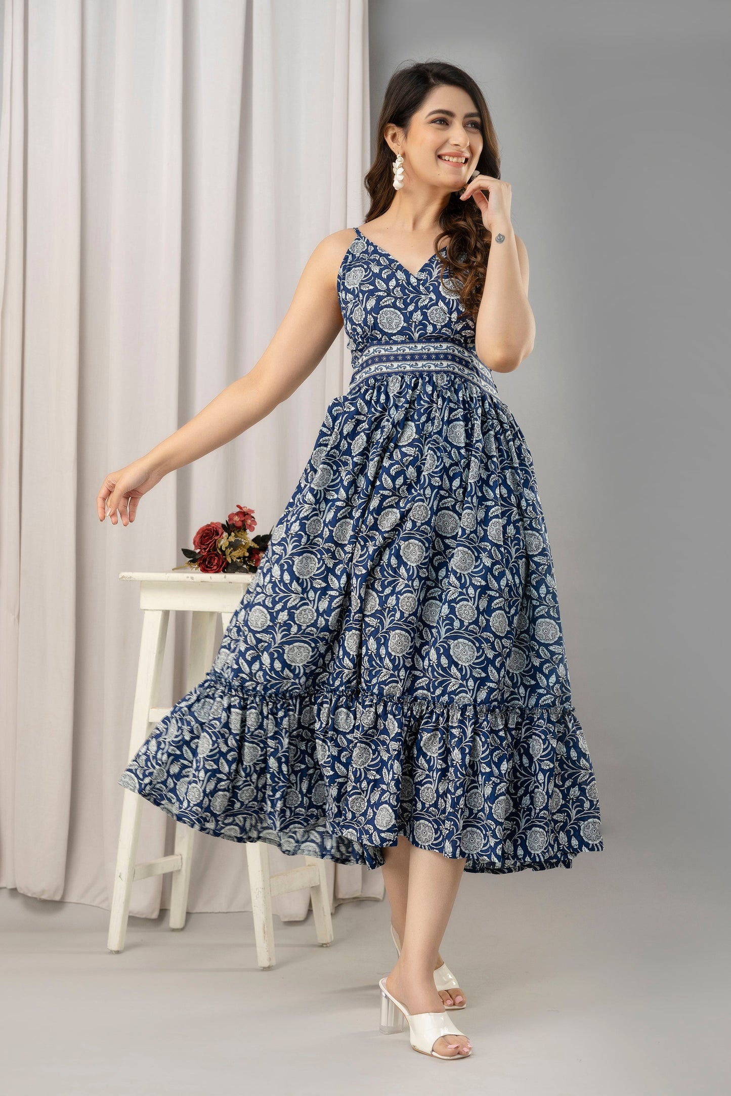 Blue Floral Printed Sleeveless Fit and Flare Maxi Dress - SHKUP1444