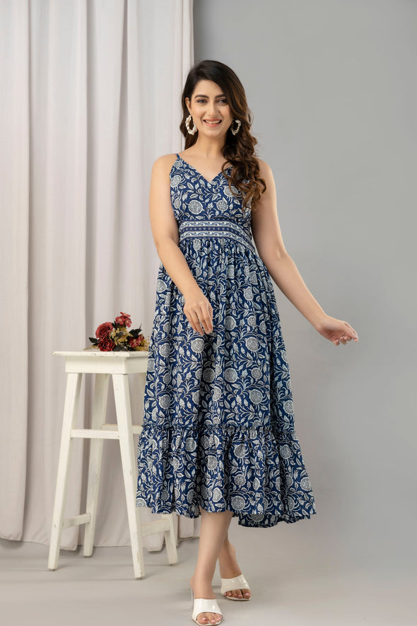 Blue Floral Printed Sleeveless Fit and Flare Maxi Dress - SHKUP1444