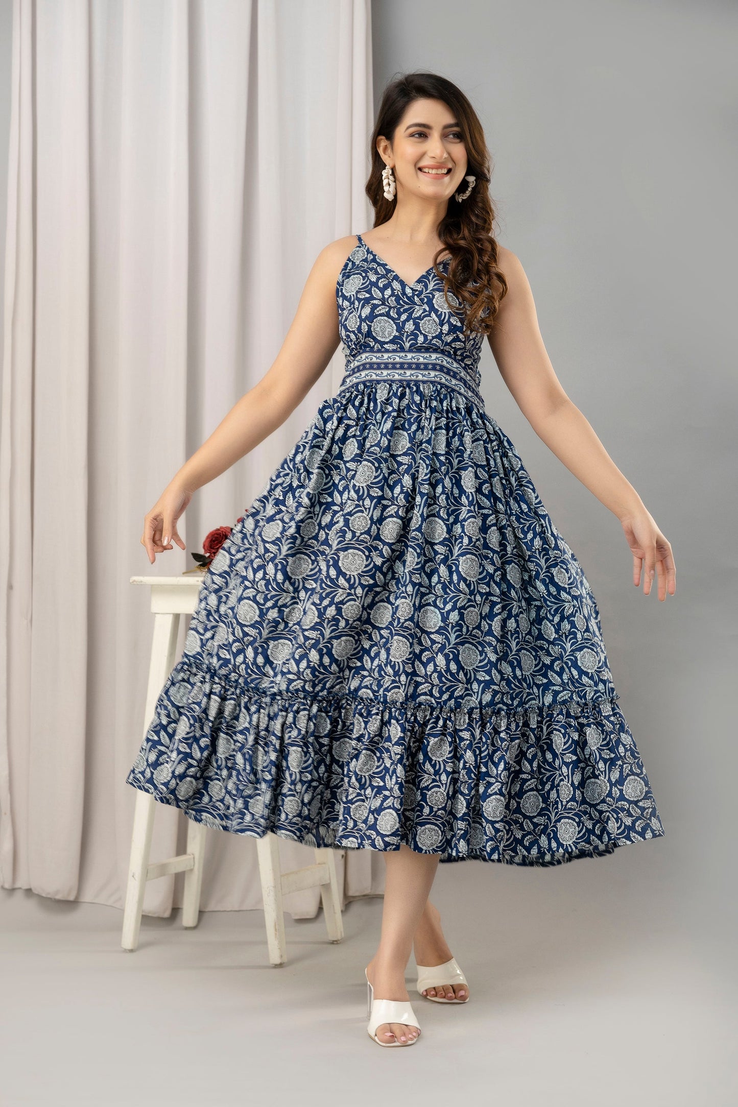 Blue Floral Printed Sleeveless Fit and Flare Maxi Dress - SHKUP1444