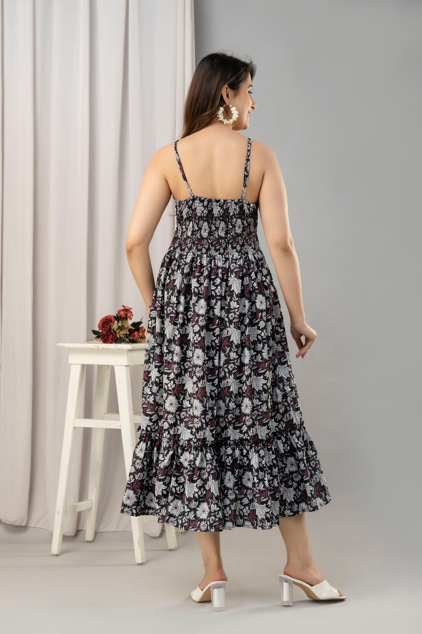 Black Floral Printed Sleeveless Fit and Flare Maxi Dress - SHKUP1445