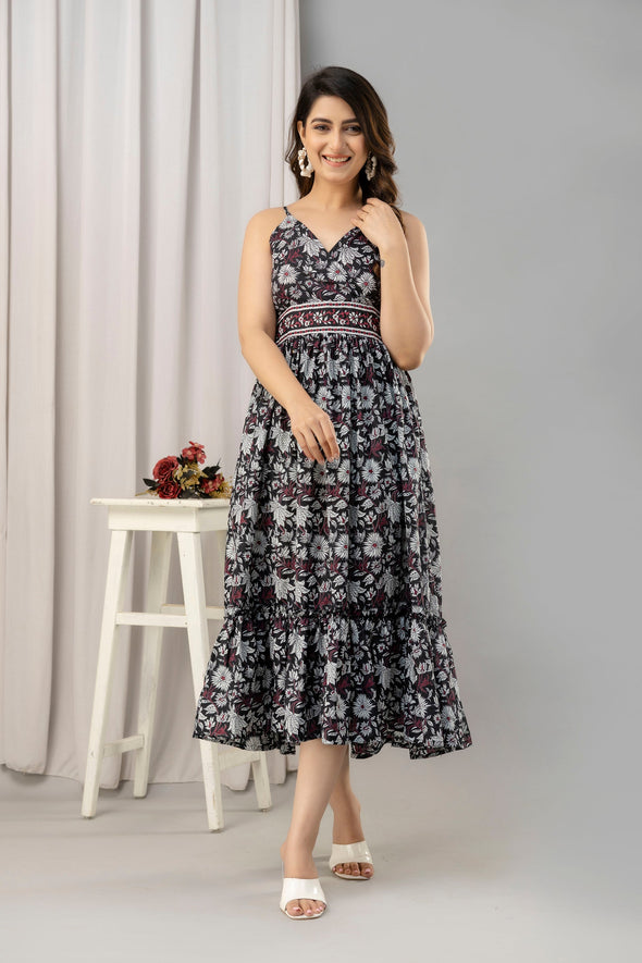 Black Floral Printed Sleeveless Fit and Flare Maxi Dress - SHKUP1445