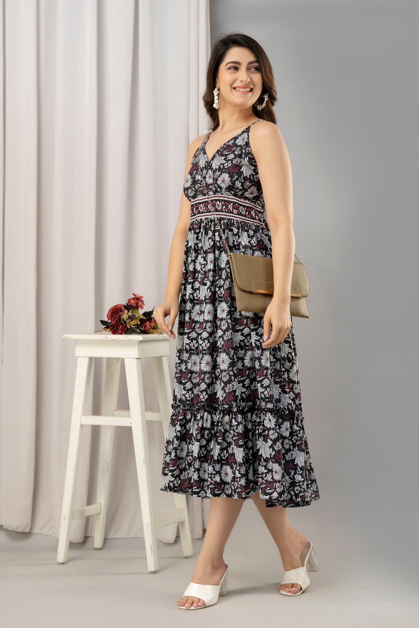 Black Floral Printed Sleeveless Fit and Flare Maxi Dress - SHKUP1445