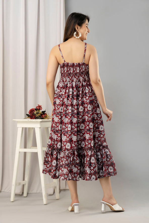 Maroon Floral Printed Sleeveless Fit and Flare Maxi Dress - SHKUP1446