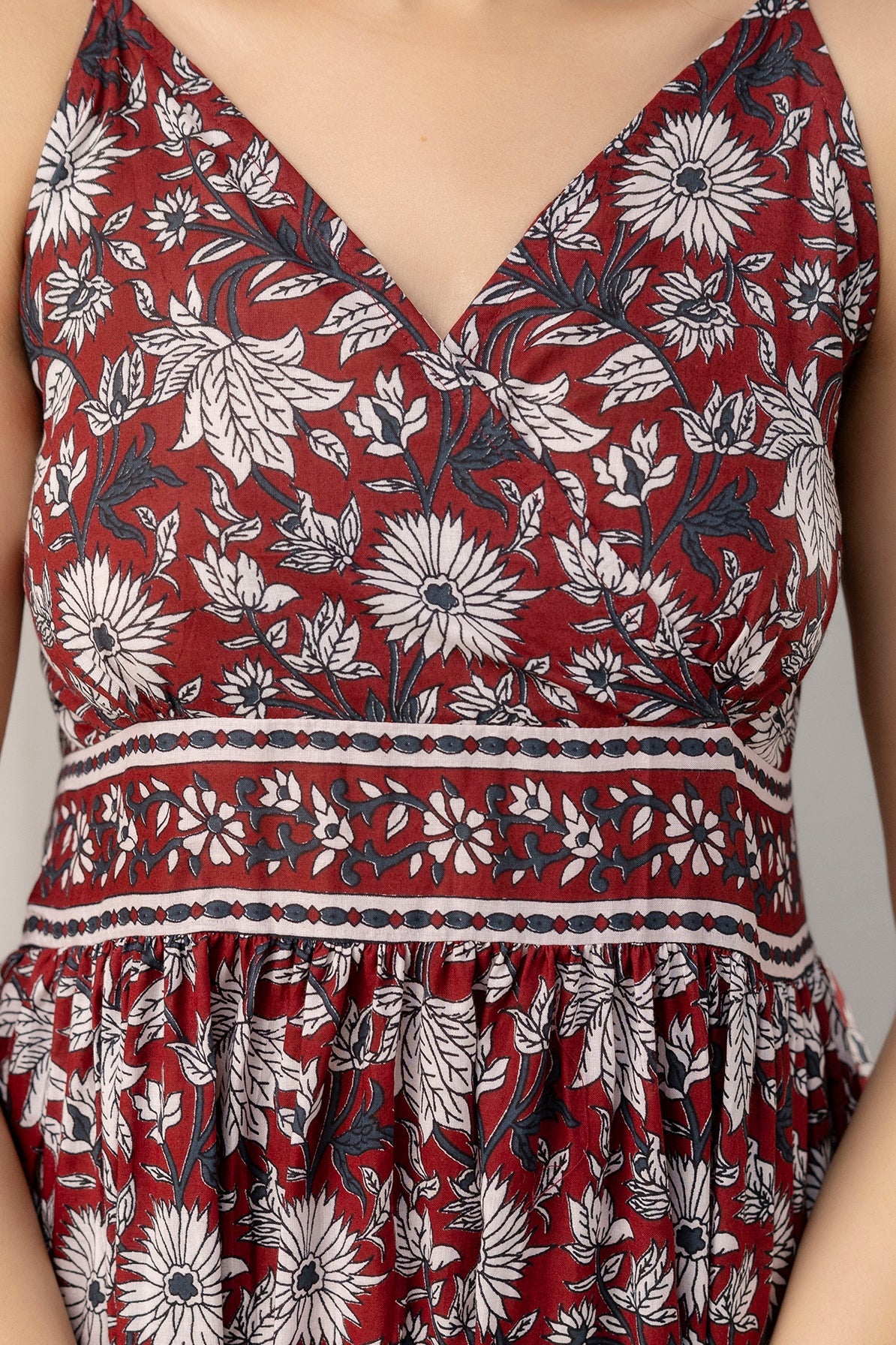 Maroon Floral Printed Sleeveless Fit and Flare Maxi Dress - SHKUP1446