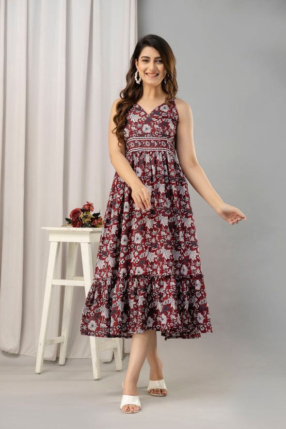 Maroon Floral Printed Sleeveless Fit and Flare Maxi Dress - SHKUP1446