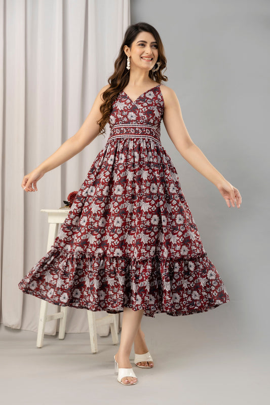 Maroon Floral Printed Sleeveless Fit and Flare Maxi Dress - SHKUP1446