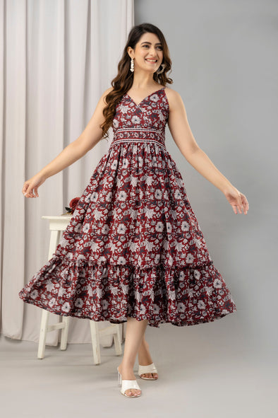 Maroon Floral Printed Sleeveless Fit and Flare Maxi Dress - SHKUP1446