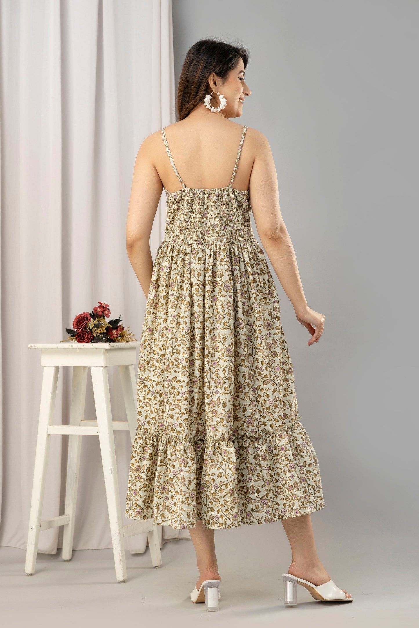 Beige Floral Printed Sleeveless Fit and Flare Maxi Dress - SHKUP1447